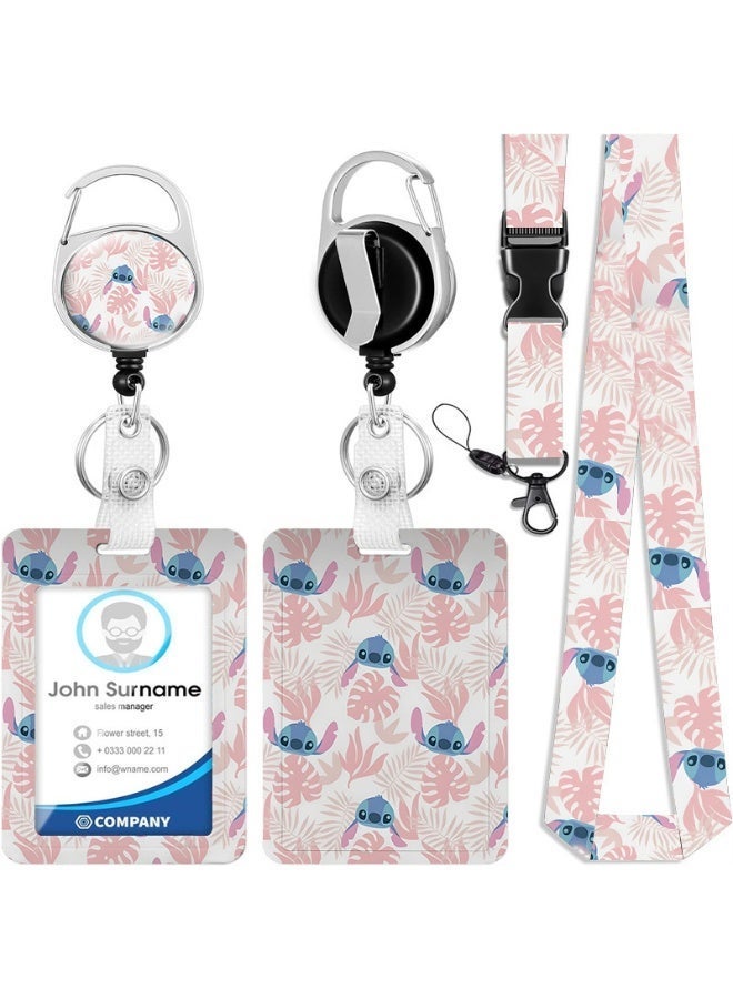 Disney 3-in-1 Disney Pink Cherry Blossom Leaf Stitch Logo Plastic ID Holder with Lanyard, Retractable ID Roller, Keychain and Extension Chain - Suitable for workers, students, bus drivers, doctors, nurses, etc. - Image 1